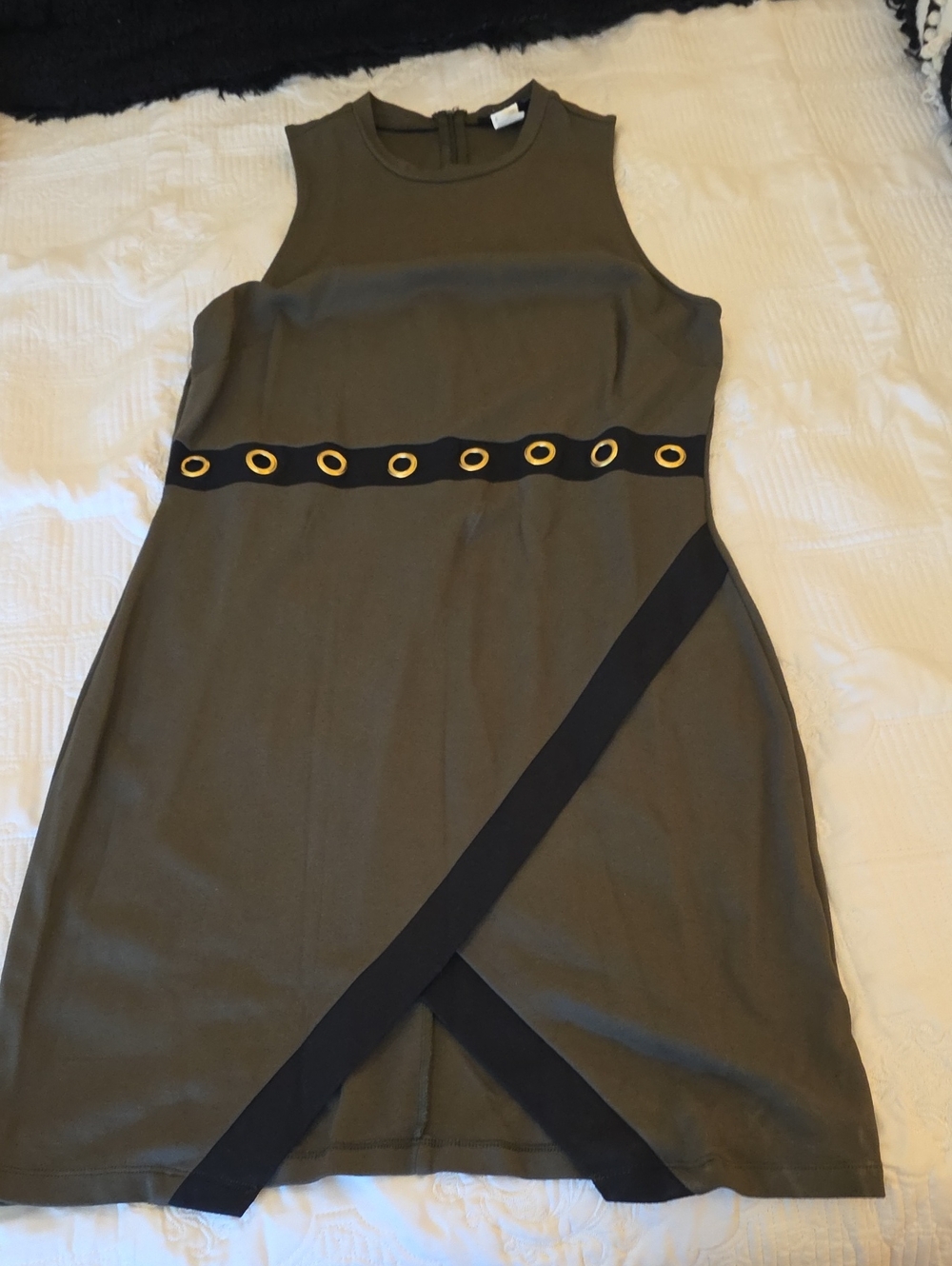 VENUS Olive Green Sleeveless Mini Dress with Black Trim and Gold Eyelets